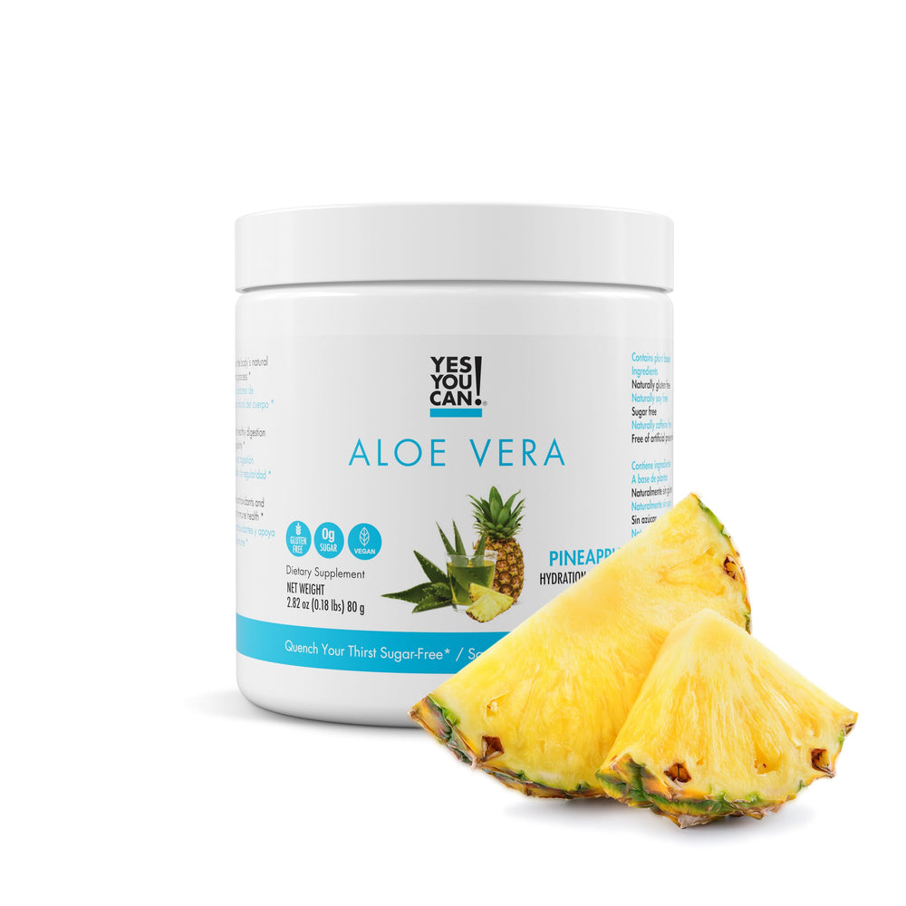 Yes You Can! Aloe Vera Powder Drink Mix pineapple glass for refreshing hydration.