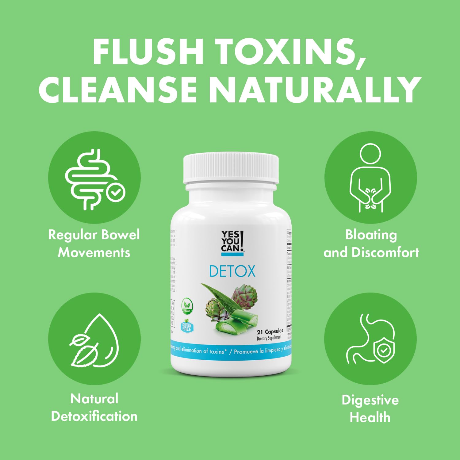 Yes You Can! detox pills label front highlighting gluten-free and vegetarian-friendly features.