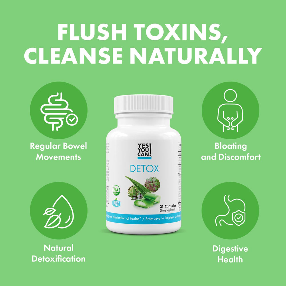 Yes You Can! detox pills label front highlighting gluten-free and vegetarian-friendly features.