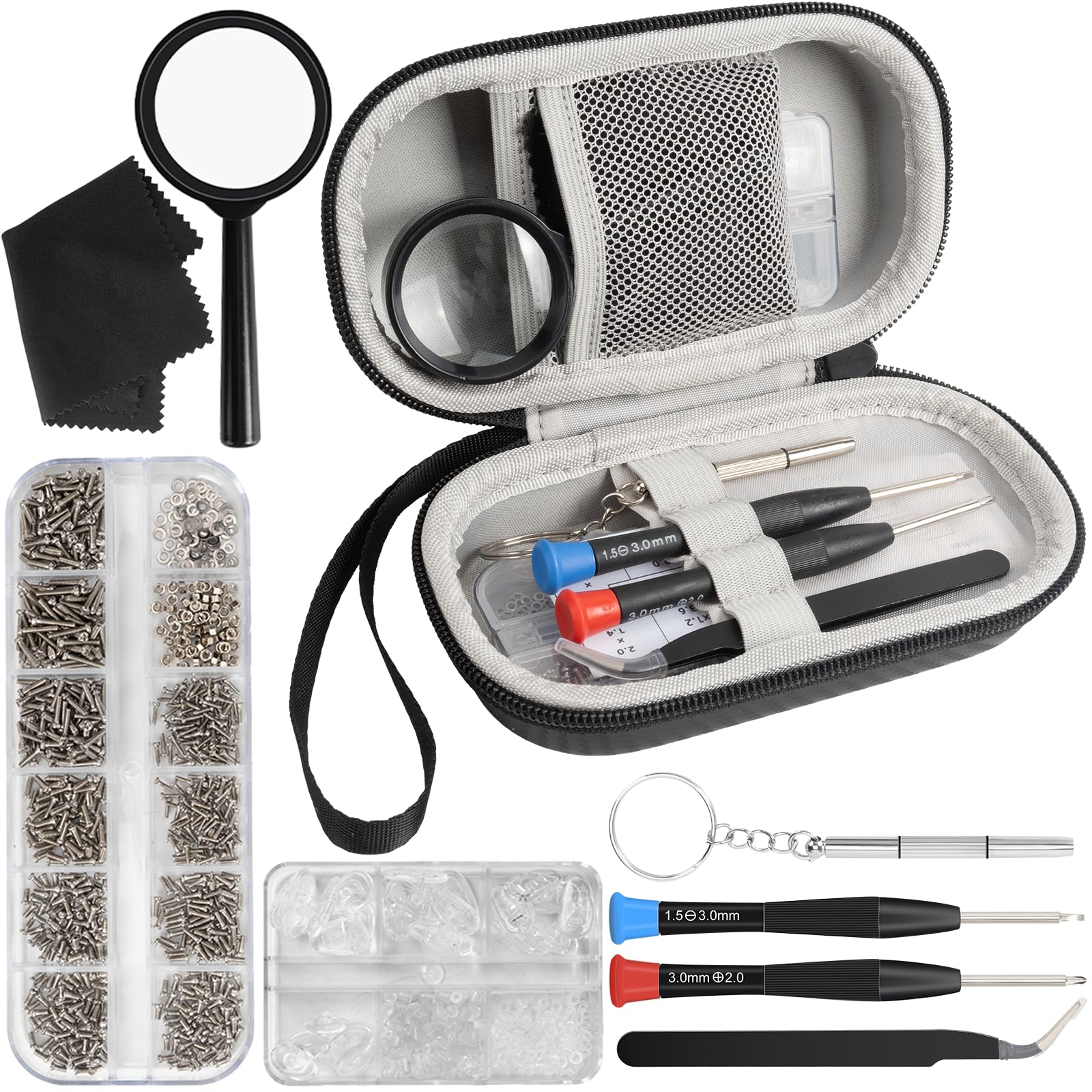 Yewltvep eyeglass repair kit contents laid out for quick DIY fixes.