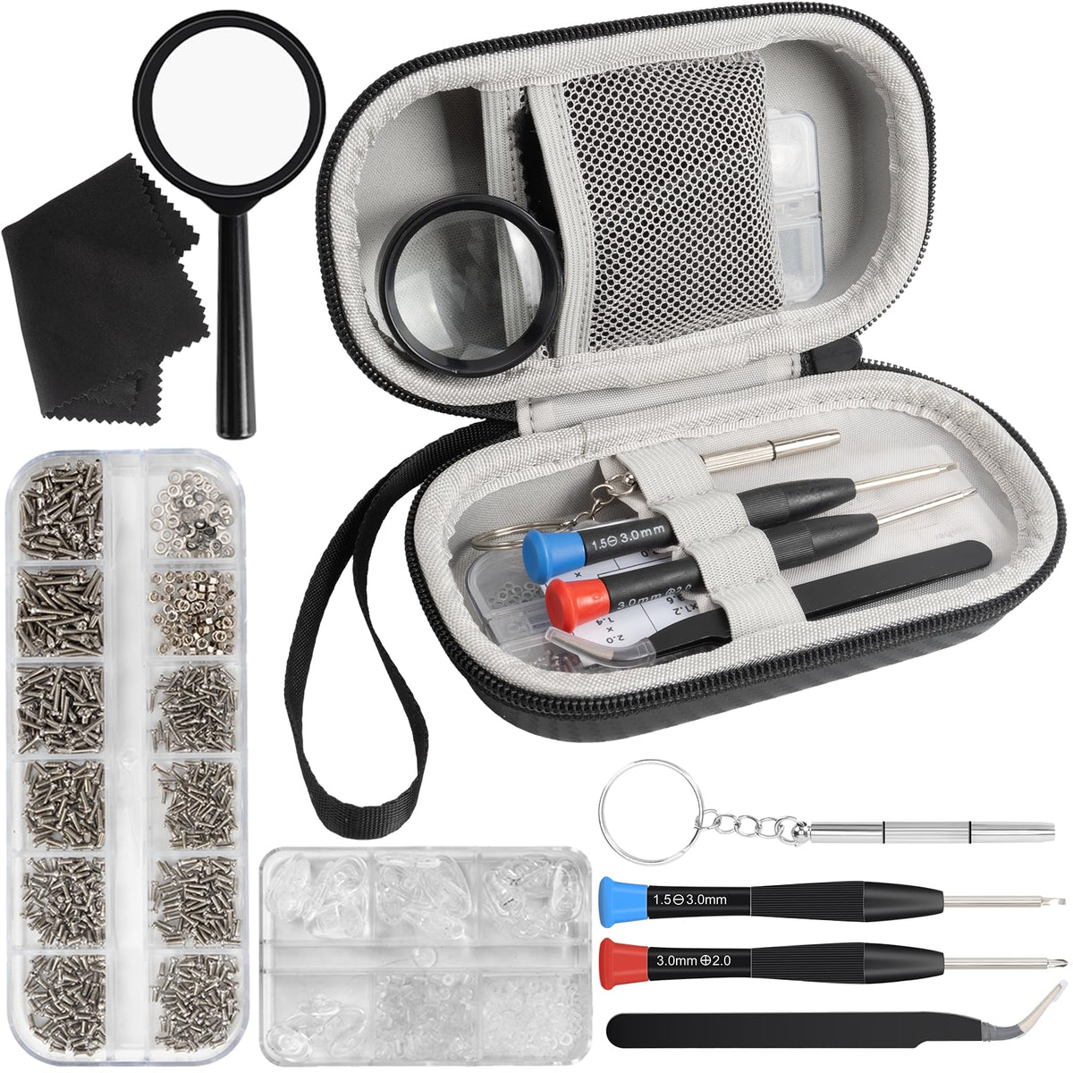 Yewltvep eyeglass repair kit contents laid out for quick DIY fixes.