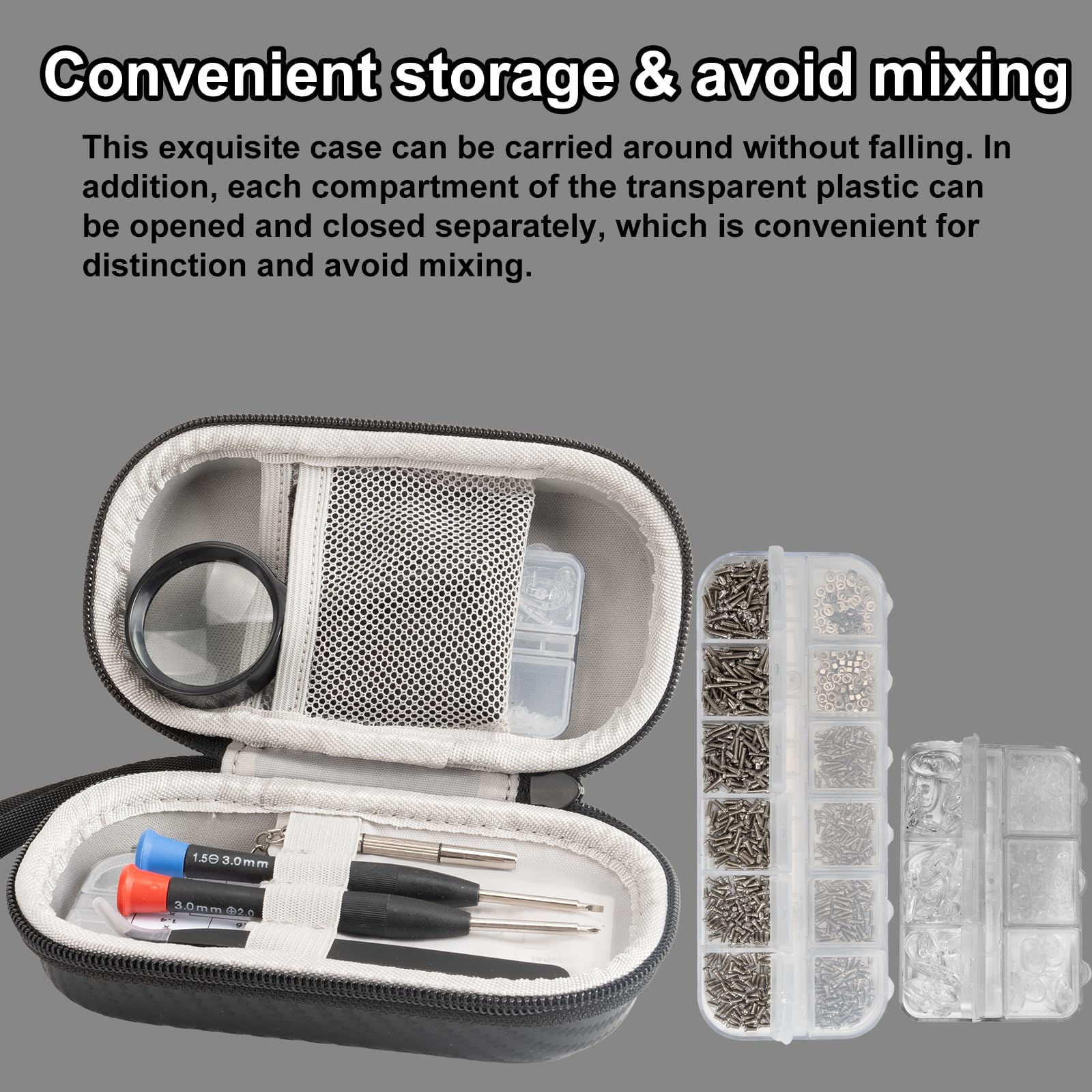 Yewltvep precision screwdrivers and varied screws simplify delicate eyeglass repairs.