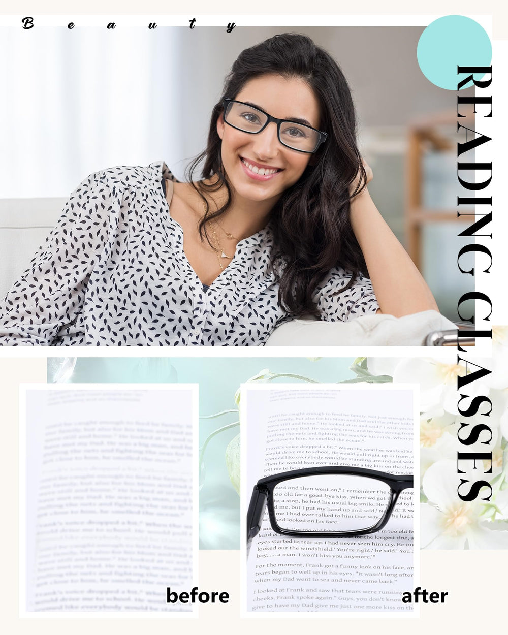 Yexiya non-prescription glasses at 2.5 diopters for near-vision tasks.
