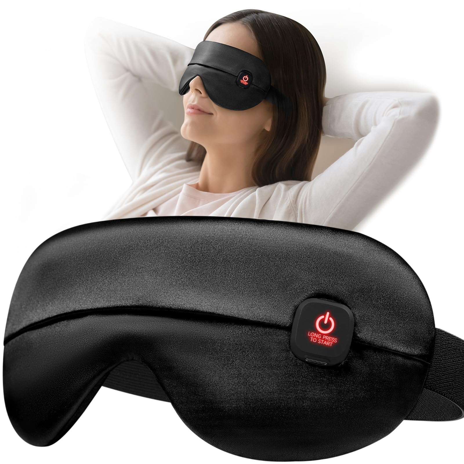 YFONG cordless heated eye mask in black satin for wearable comfort on the go.