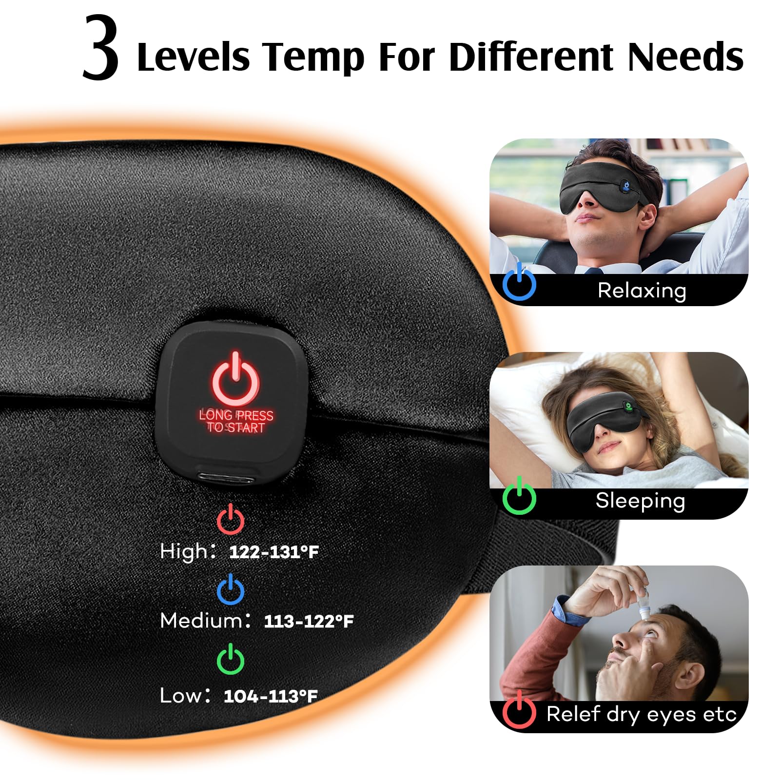 YFONG triple heat settings customize comfort for dry eyes and relaxation.
