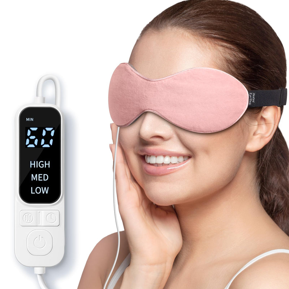 YFONG heated eye mask worn by a model for relaxing comfort.