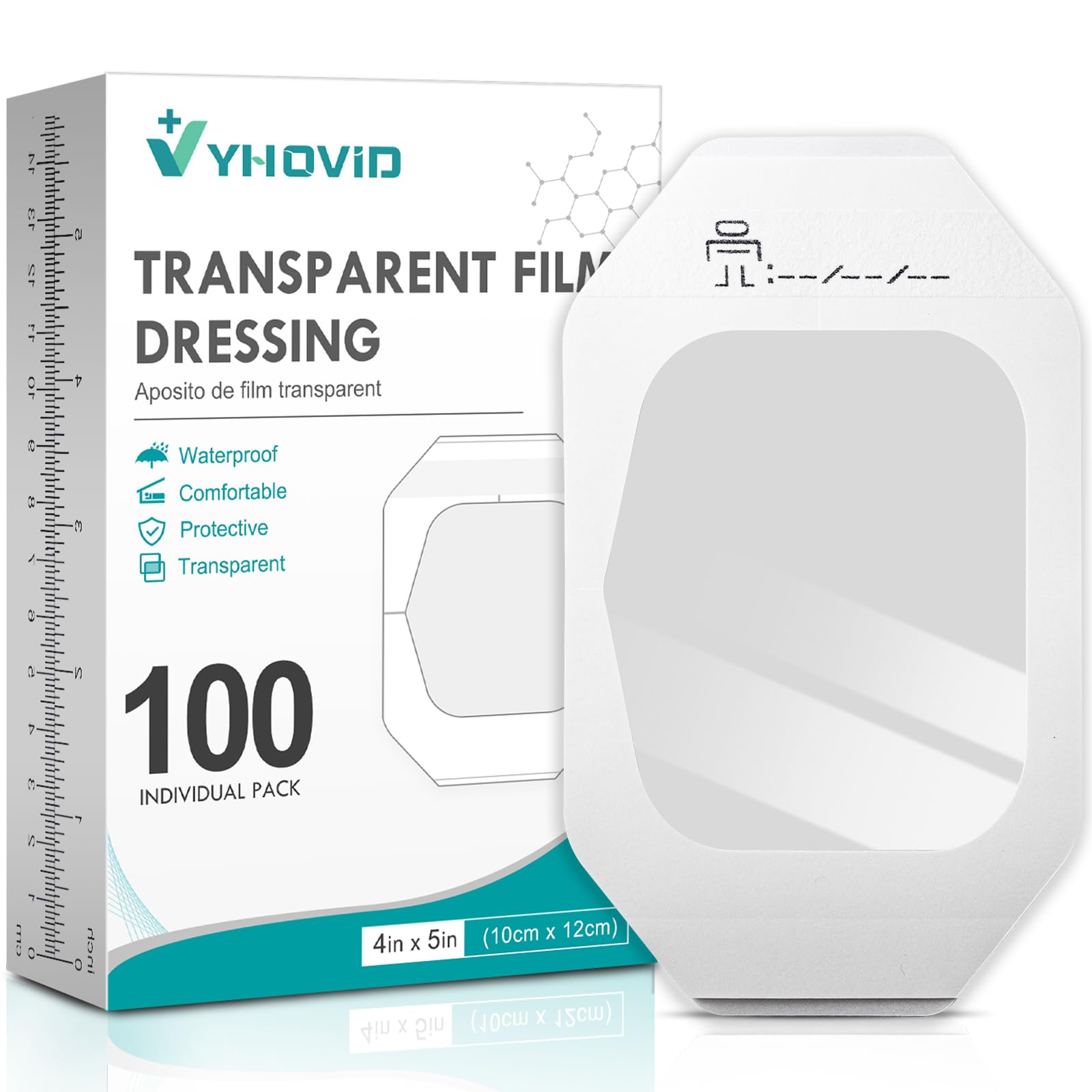 YHOVID packaging for the 100-pack transparent film dressing enabling bulk wound care.