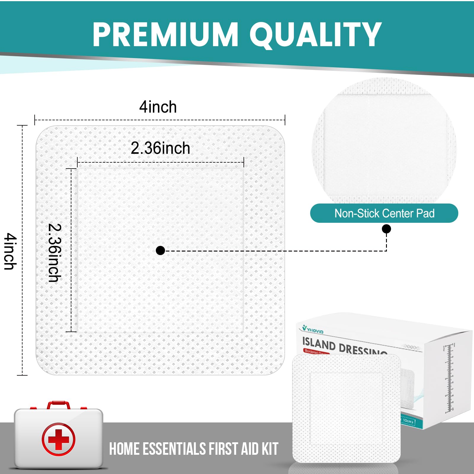 Closeup of YHOVID bordered gauze with a non-stick center pad for easy, painless removal