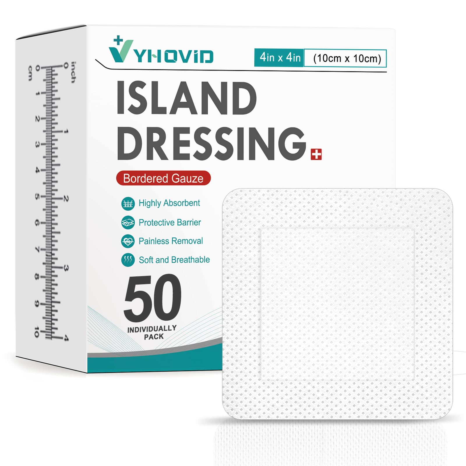 YHOVID island dressing 4x4 border with center pad provides secure wound coverage.