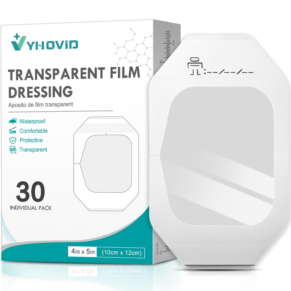 YHOVID transparent film dressing on the box front shows compact wound care packaging.
