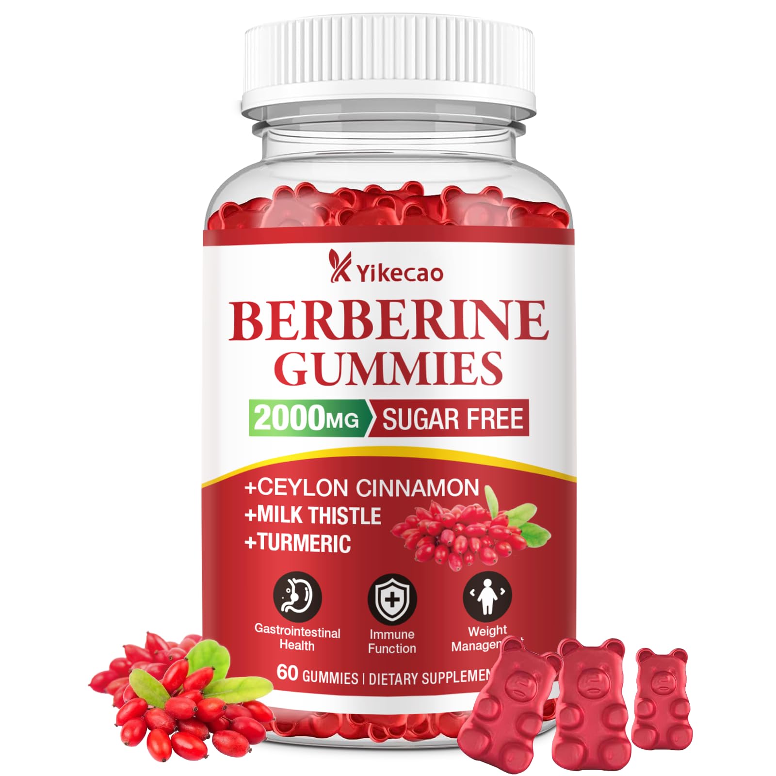 Yikecao Berberine Gummies Raspberry bottle showing 60-count packaging for daily wellness
