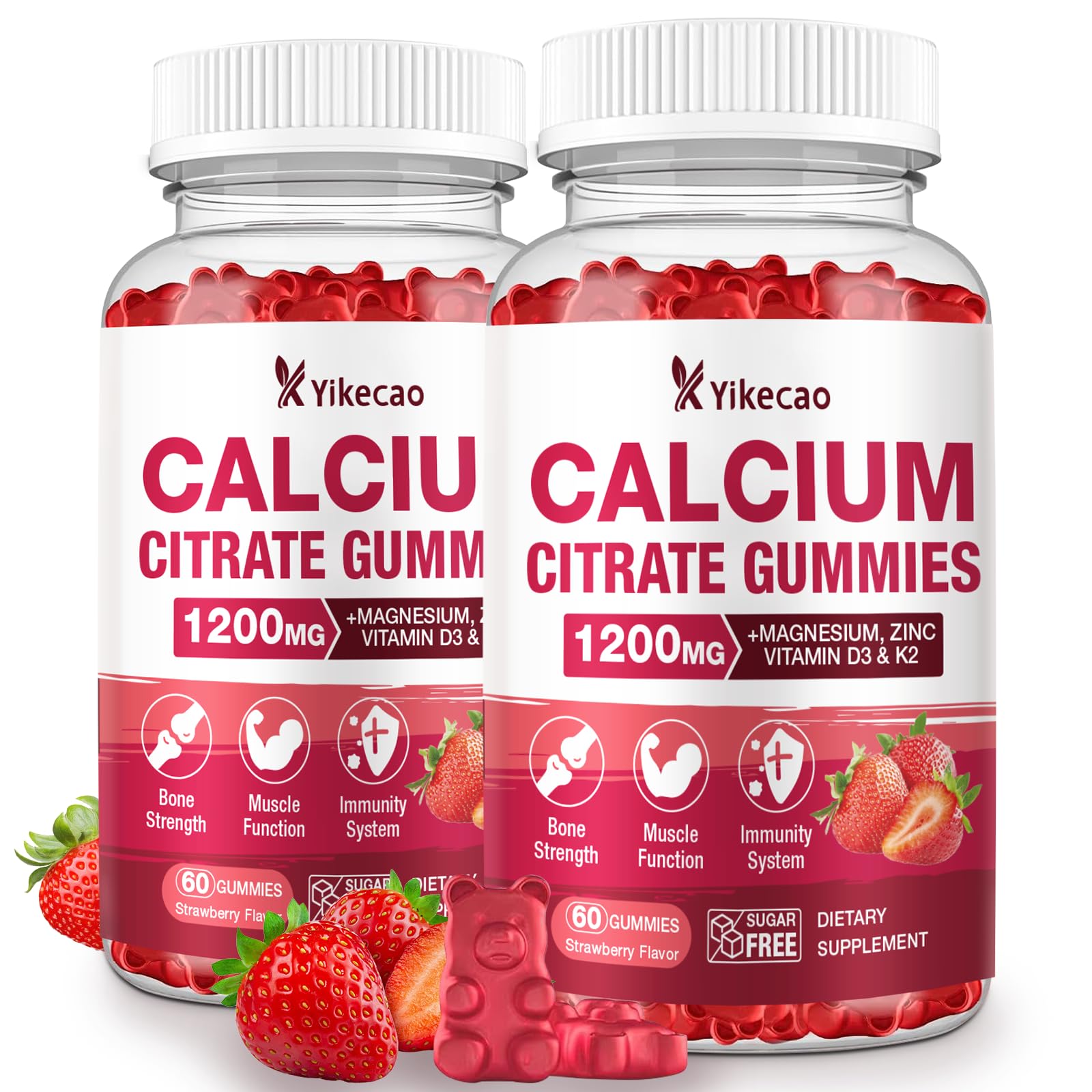 Yikecao Calcium Citrate Gummies bottle view emphasizing bone support in daily supplement.