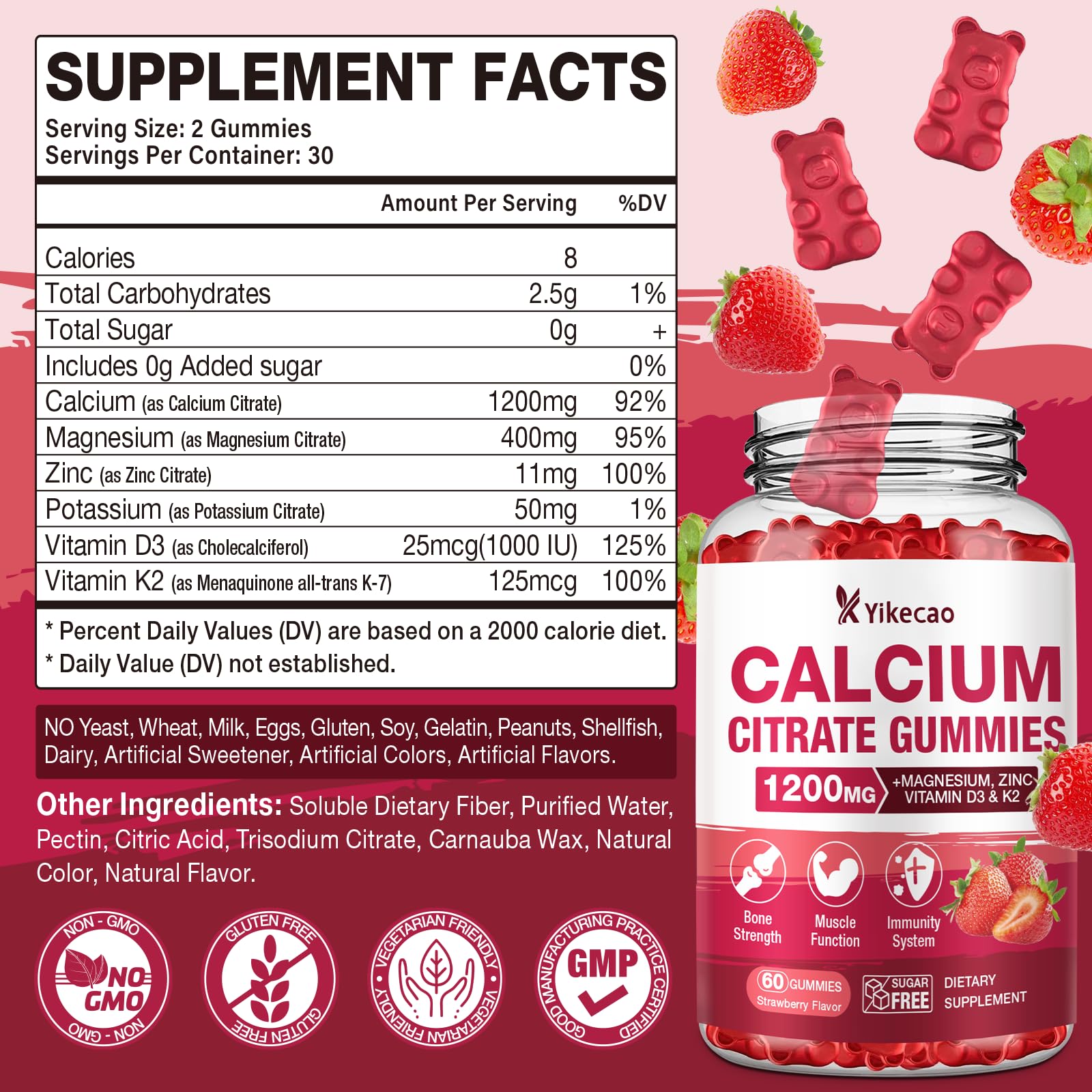 Yikecao calcium citrate gummies strawberry close-up highlighting tasty flavor