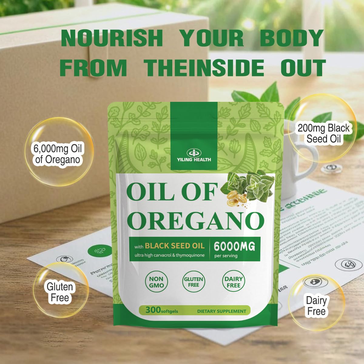 YiLing bottle with label, non-GMO quality emphasized.