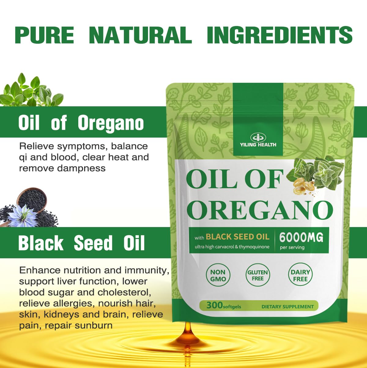 YiLing oregano oil softgels close-up showing smooth capsules for easy daily intake.