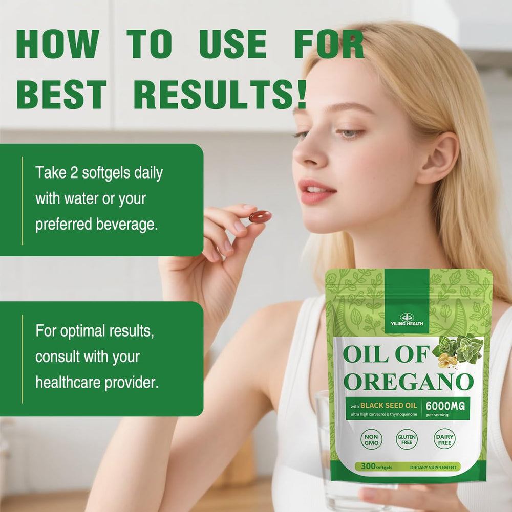 YiLing trio ingredients graphic, showing oregano, black seed oil, echinacea.