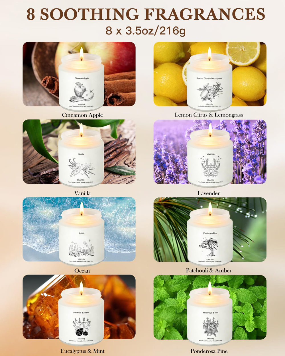 YINUO LIGHT Eight-pack Soy Candles for clean burn and long-lasting fragrance