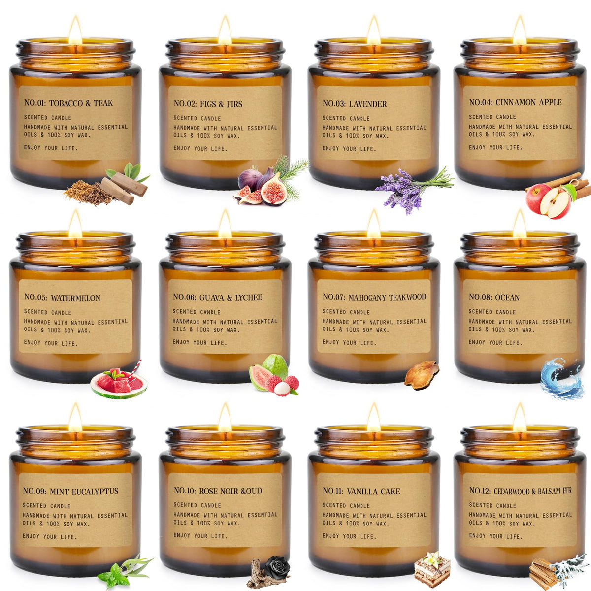 YINUO LIGHT twelve pack amber jar candles for mood enhancing home scent