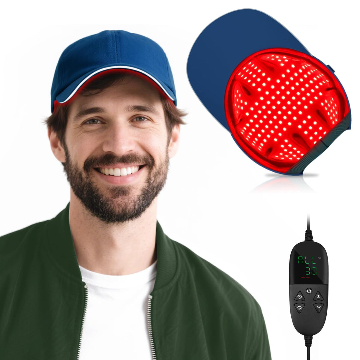 YIPFREE Red Light Cap front view showing three wavelengths for versatile scalp comfort