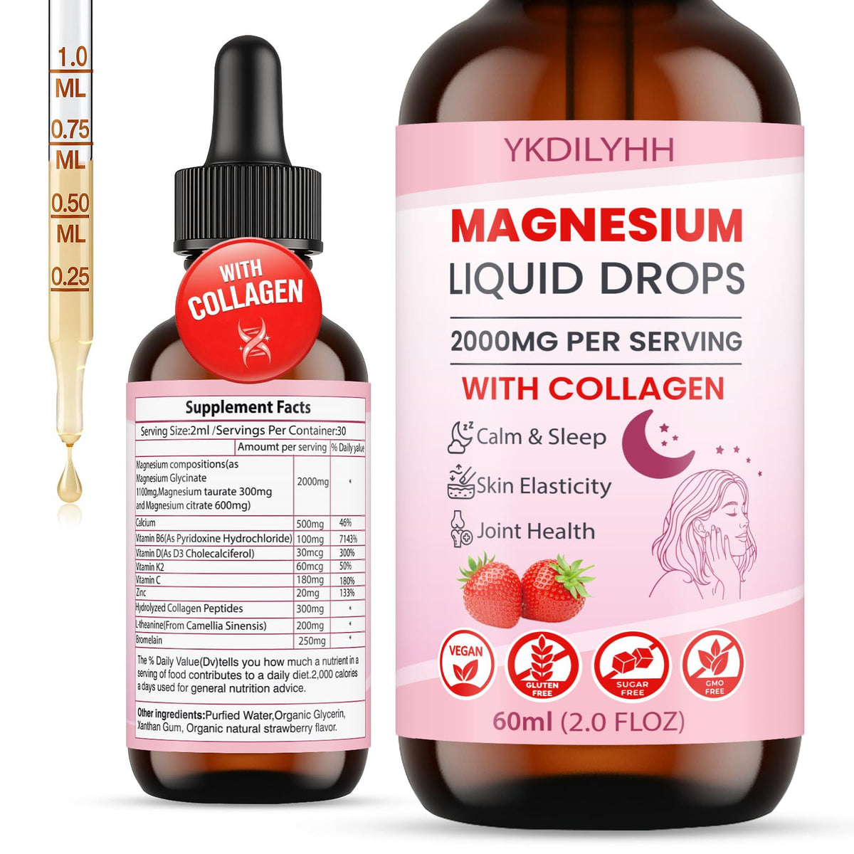YKDILYHH magnesium drops bottle with strawberry flavor for stress support.