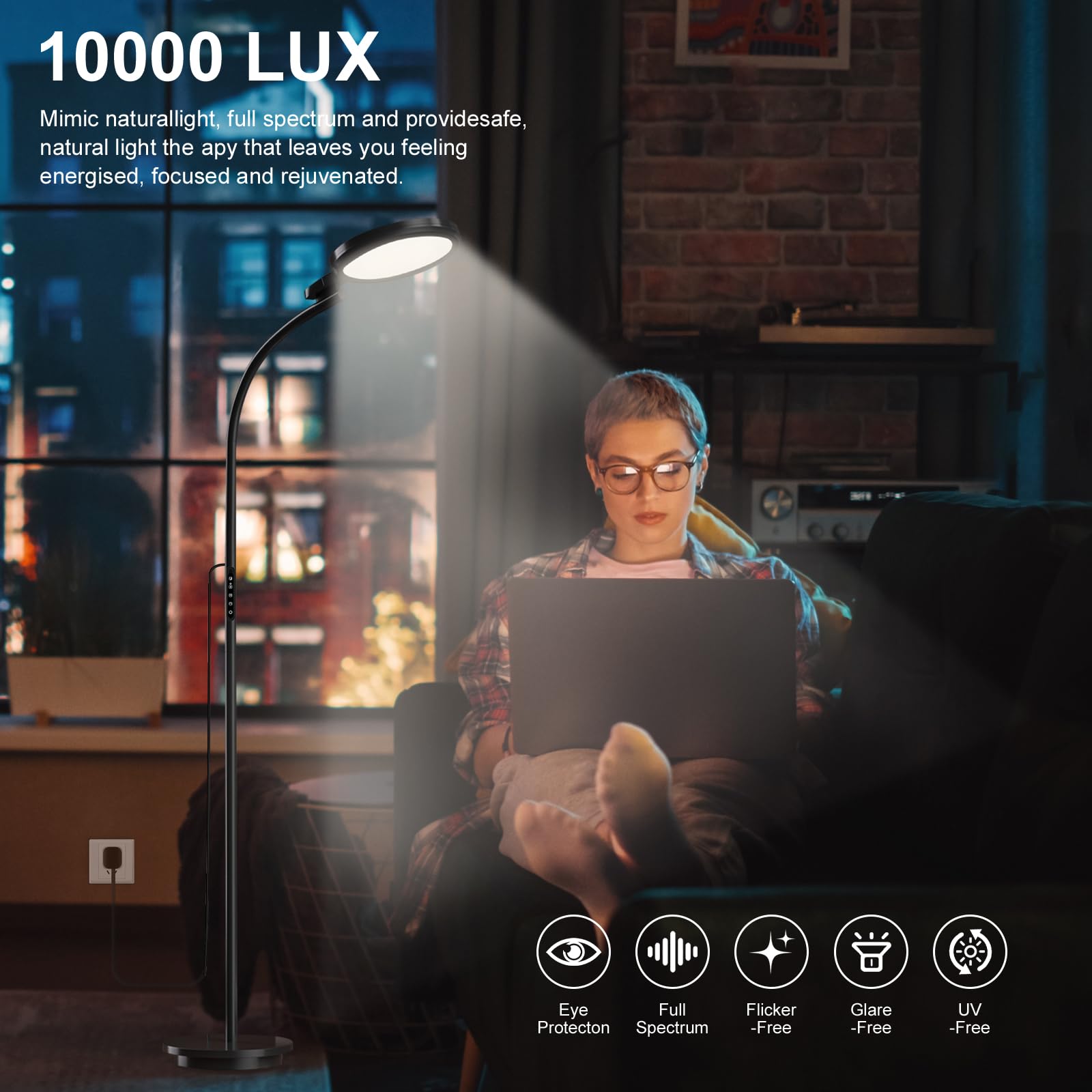 YKeluxon floor lamp remote control enables easy light therapy from your chair.