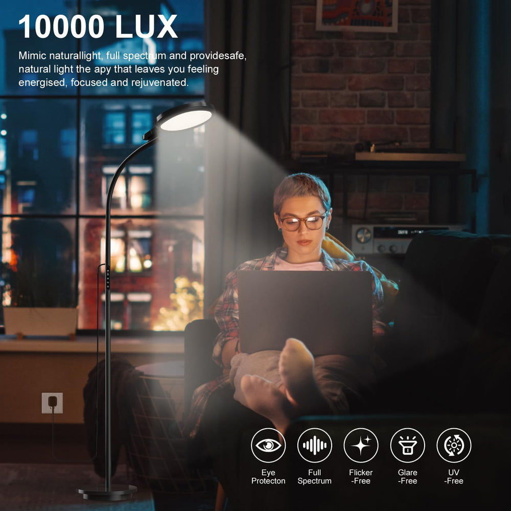 YKeluxon floor lamp remote control enables easy light therapy from your chair.