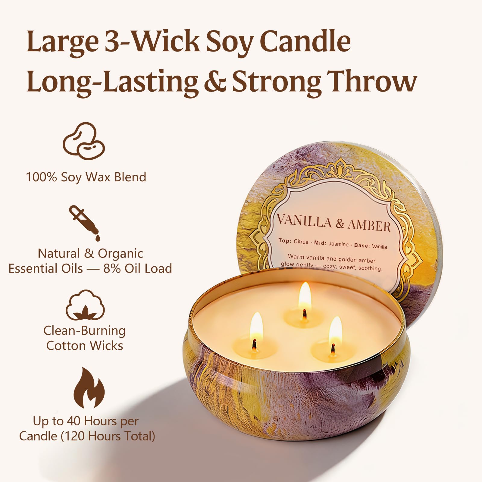 YMing 3-pack large 3-wick tin candles Cashmere Cedar for sophisticated cedarwood notes.