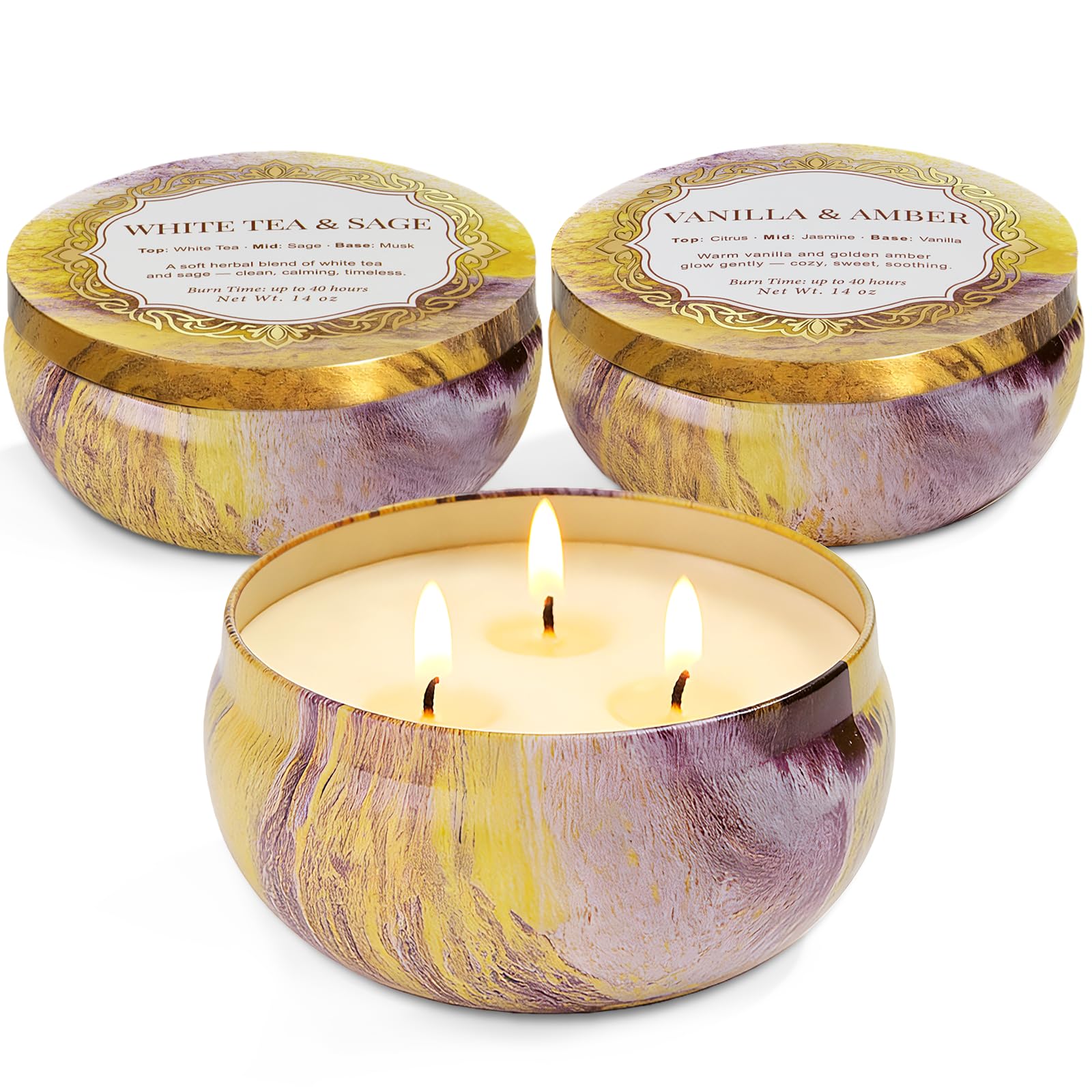 YMing 3-pack large 3-wick tin candles White Tea & Sage for a bright, clean room scent.