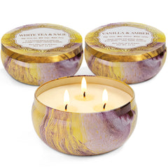 YMing 3-pack large 3-wick tin candles White Tea & Sage for a bright, clean room scent.