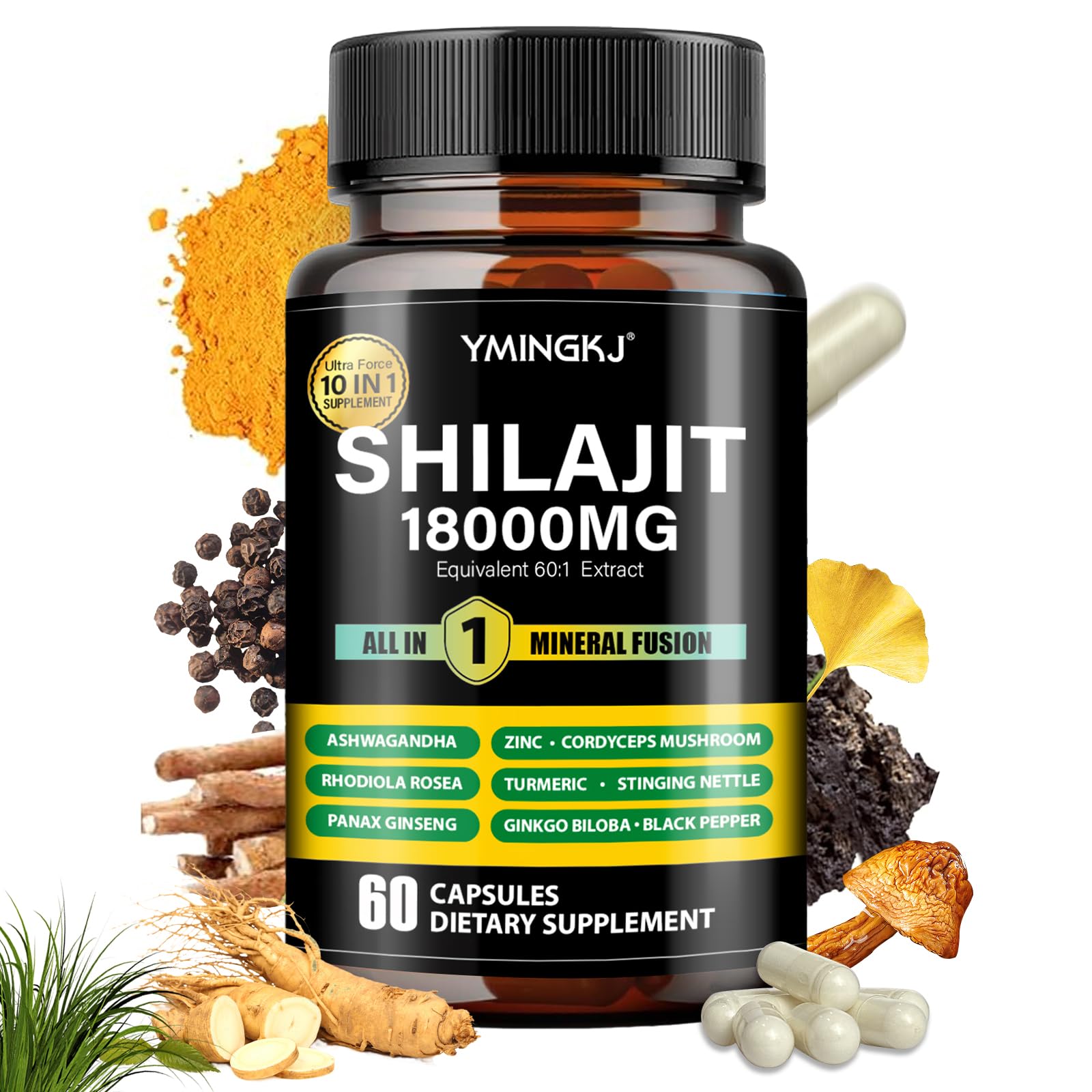YMINGKJ Shilajit 18000mg cápsulas en botella para bienestar diario.