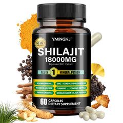 YMINGKJ Shilajit 18000mg cápsulas en botella para bienestar diario.