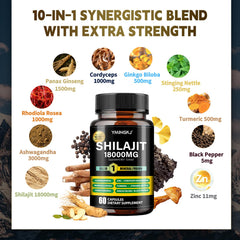 YMINGKJ Shilajit 18000mg cápsulas, enfoque en cápsulas para apoyo energético suave.