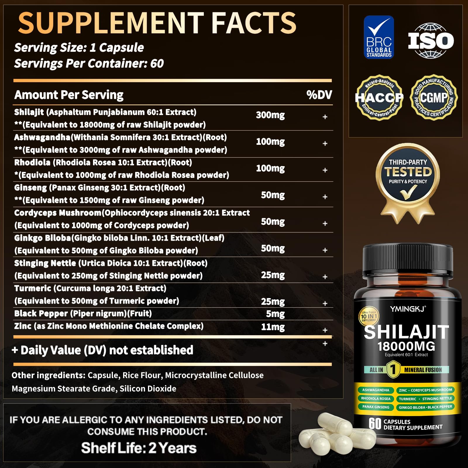 YMINGKJ Shilajit 18000mg cápsulas detalle de cápsulas fáciles de tomar.