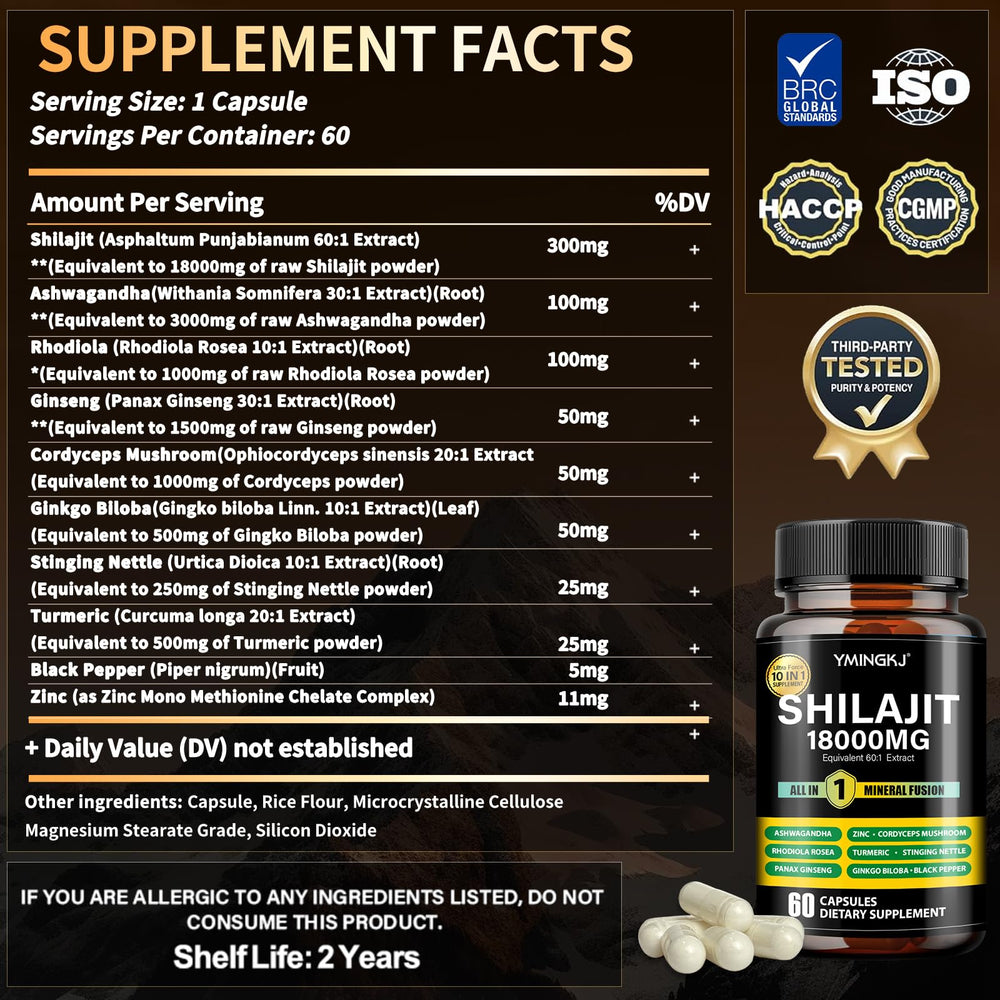 YMINGKJ Shilajit 18000mg cápsulas detalle de cápsulas fáciles de tomar.
