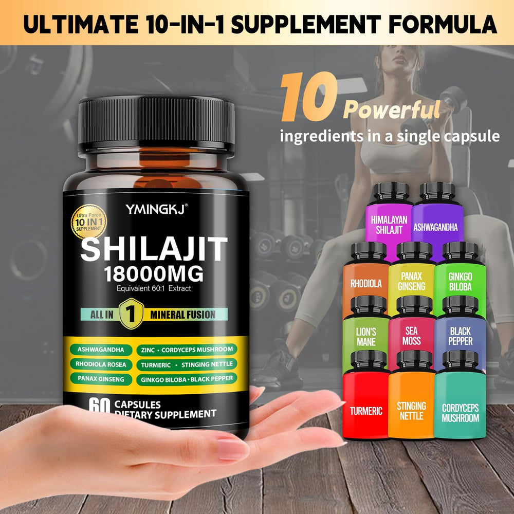YMINGKJ Shilajit 18000mg cápsulas, etiqueta con ingredientes naturales.