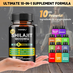 YMINGKJ Shilajit 18000mg cápsulas, etiqueta con ingredientes naturales.