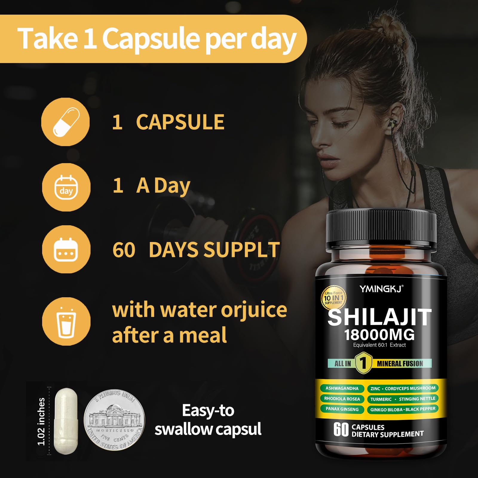 YMINGKJ Shilajit 18000mg cápsulas uso diario sencillo para rutina.