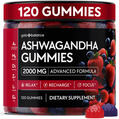 YOLOBALANCE Ashwagandha Gummies bottle front showing vegan sugar-free balance support.