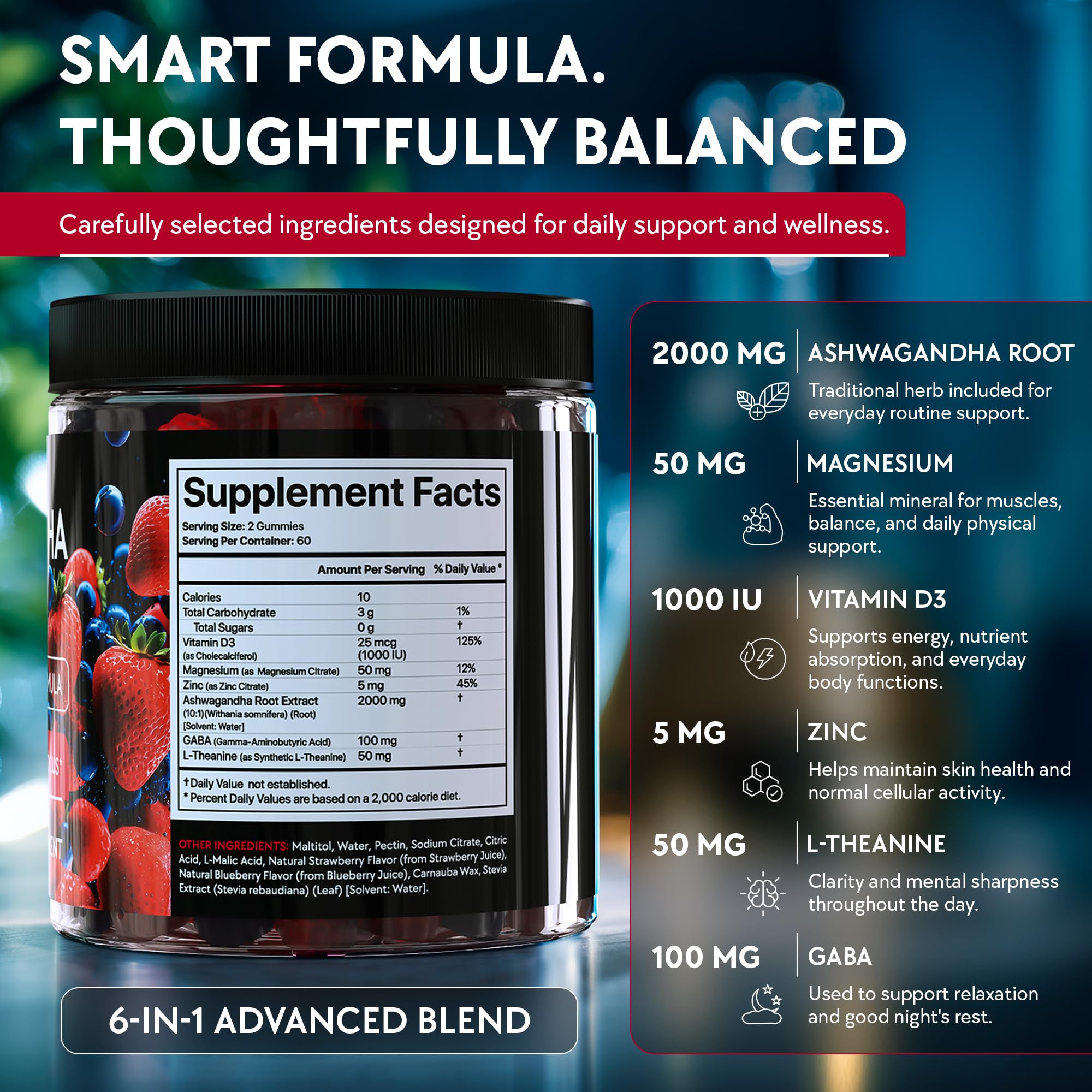 Gummies pouring from YOLOBALANCE bottle to illustrate a simple daily routine.
