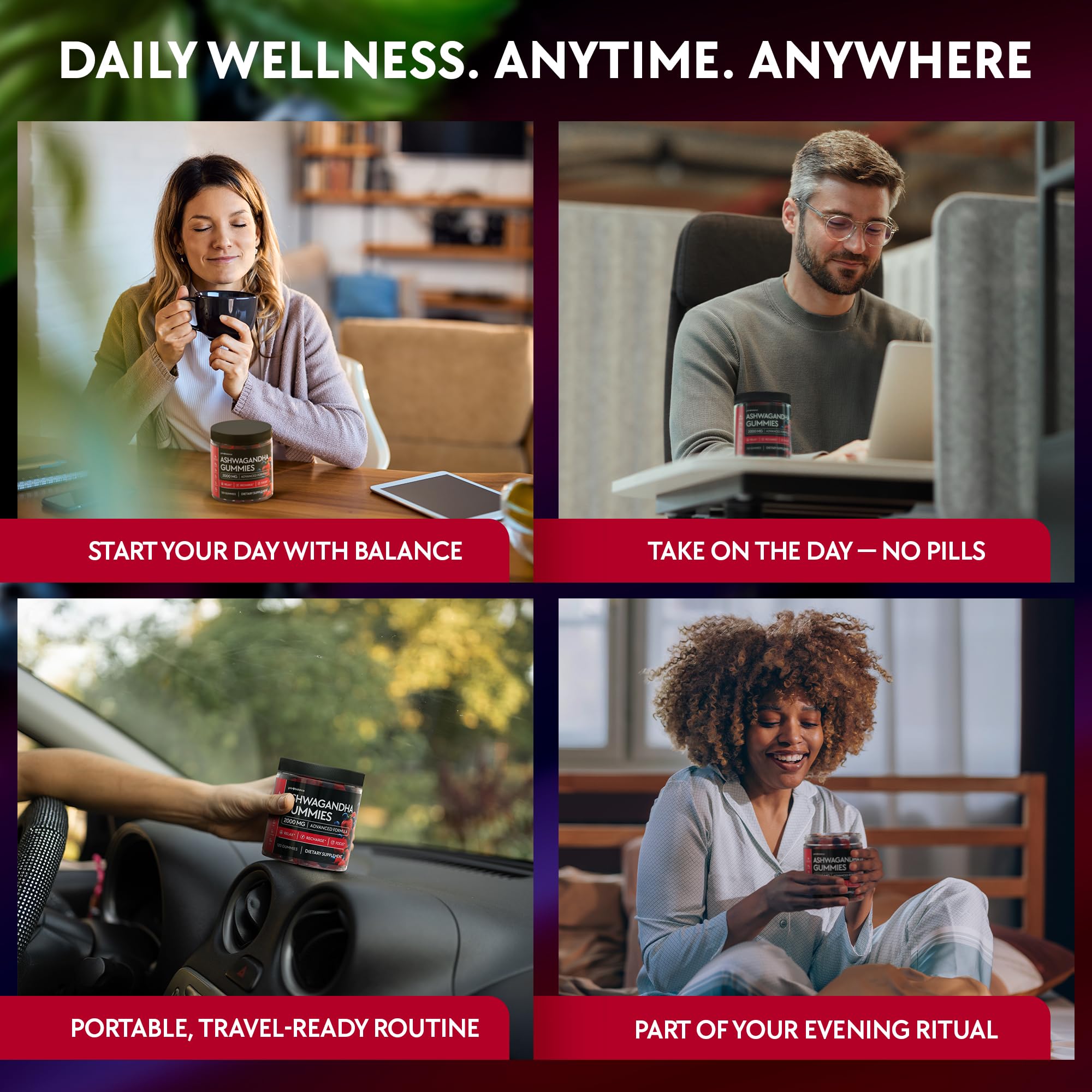 YOLOBALANCE label detail shows 2000 mg Ashwagandha and L-Theanine for calm support.