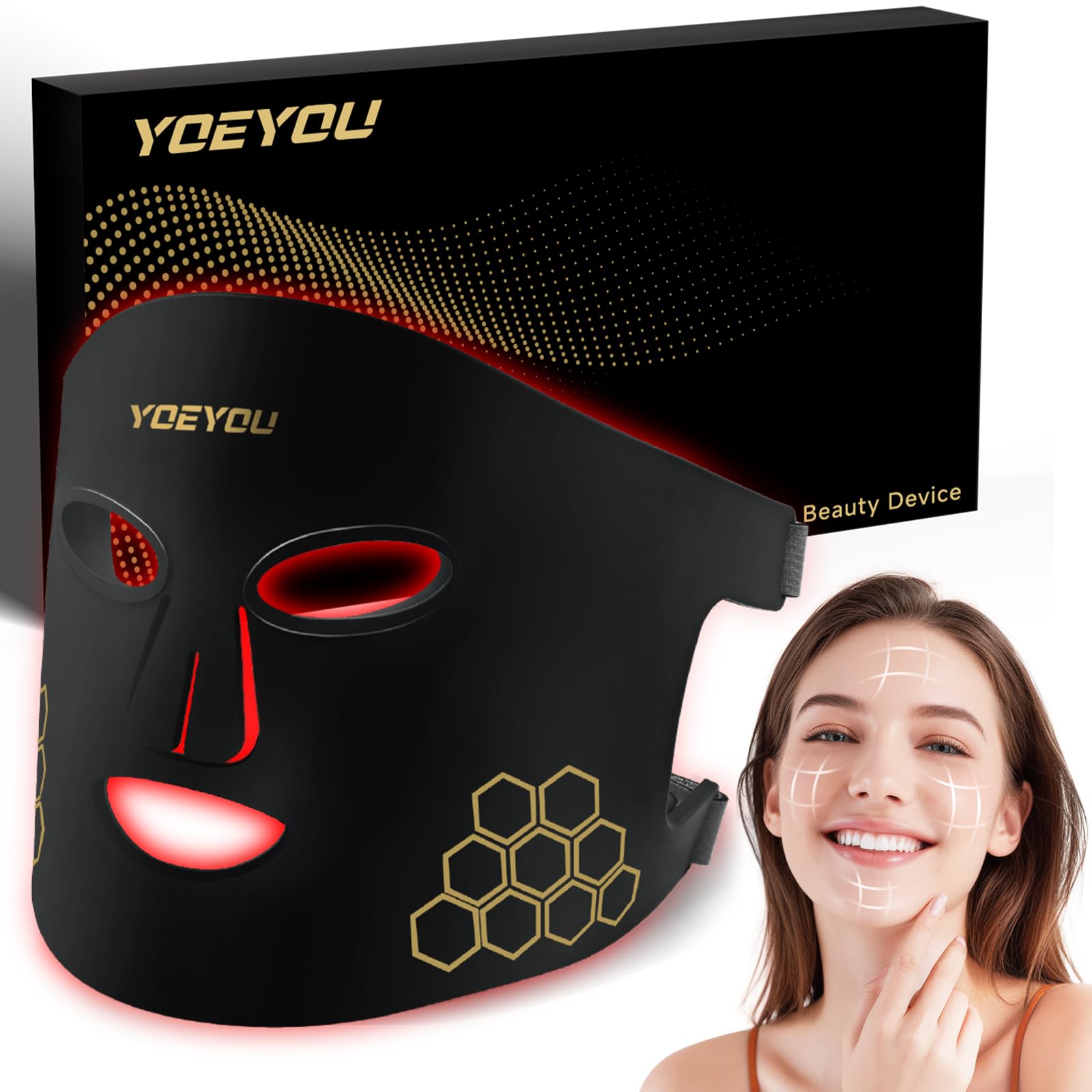 YOEYOU red light mask front view for facial rejuvenation and deep skin penetration.