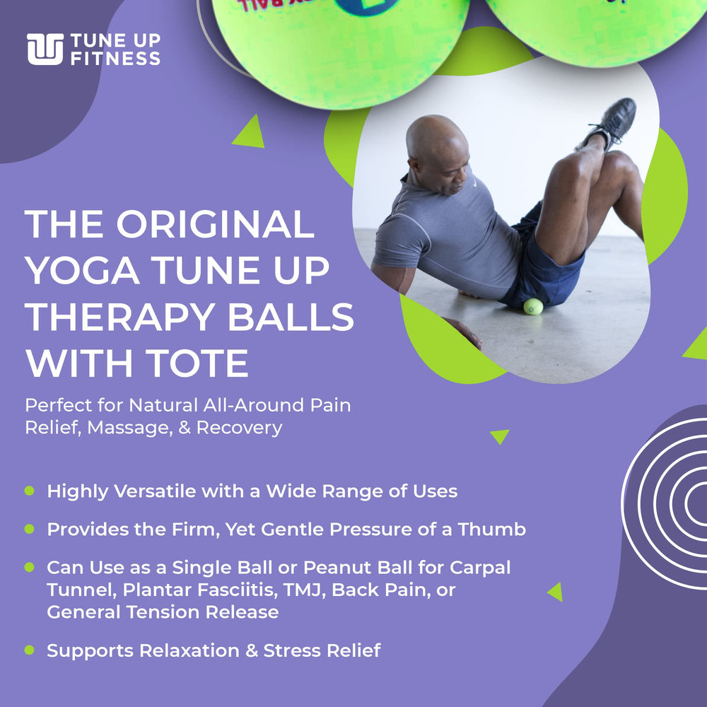 Close-up of YOGA TUNE UP therapy balls showing grippy latex-core texture for targeted pressure