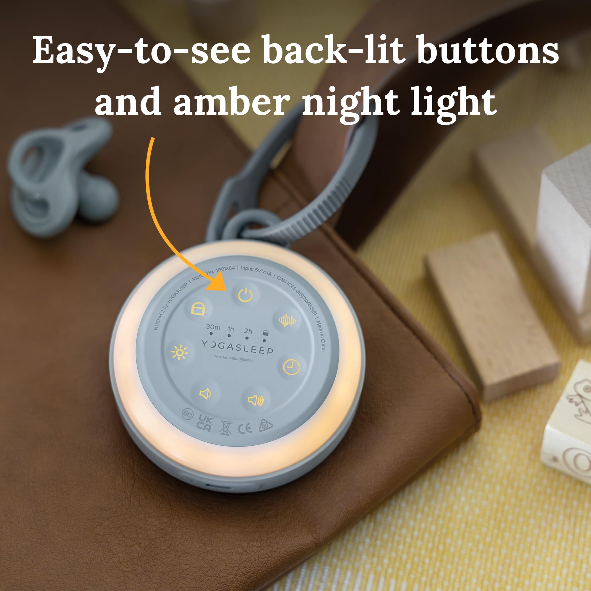 Yogasleep Hushh 2 USB rechargeable battery lasts up to 33 hours.