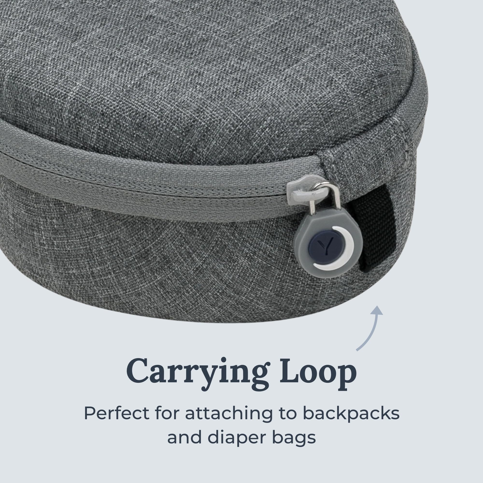 Yogasleep travel case features double-stitched zipper for durable, repeated use.