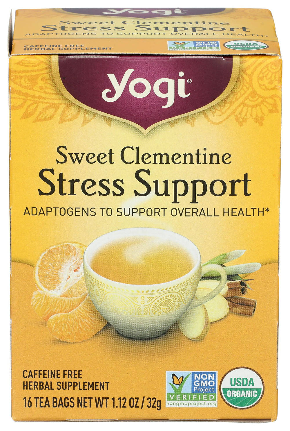 YOGI TEA Sweet Clementine Stress Support bottle for daily relaxation.