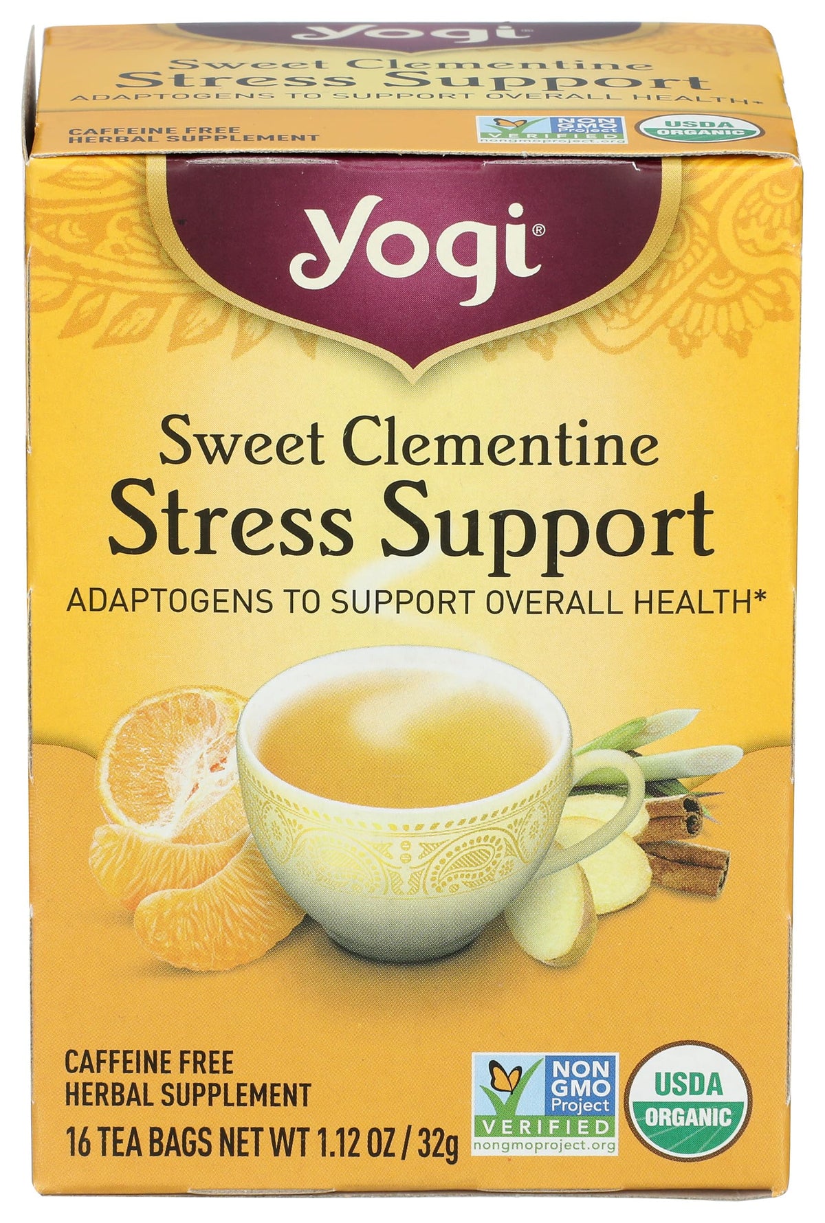 YOGI TEA Sweet Clementine Stress Support bottle for daily relaxation.