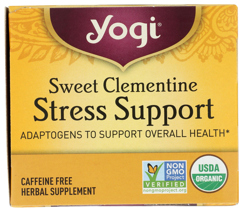YOGI TEA Sweet Clementine Stress Support brewed cup with citrus aroma.
