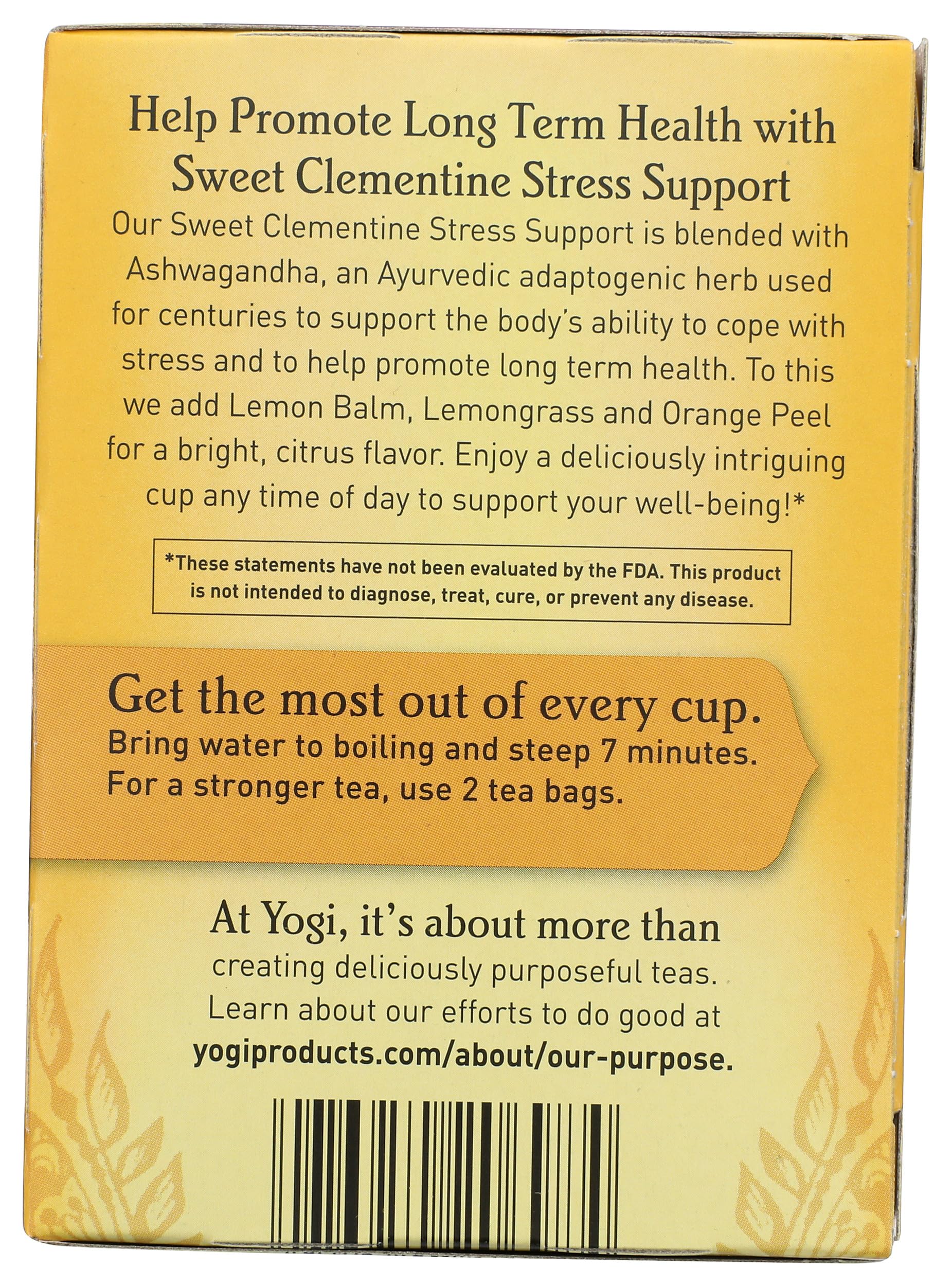 YOGI TEA Sweet Clementine Stress Support label with ingredients and certifications.