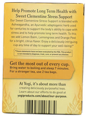 YOGI TEA Sweet Clementine Stress Support label with ingredients and certifications.