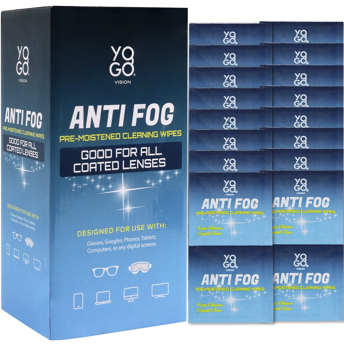 Toallitas antifog Yogo Vision para lentes: limpieza suave y antiempañamiento.